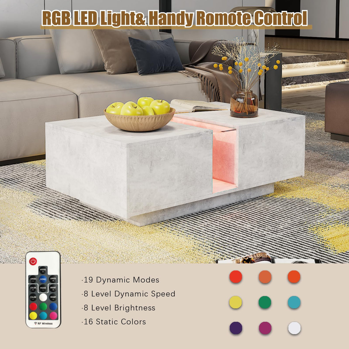 HedoAjim Grey Led Coffee Table for Living Room, Rectangular Living Room Table with Storage, Acrylic Coffee Tables with 2 Sliding Drawers, Wood Center Table for Reception Dinning Room HedoAjim