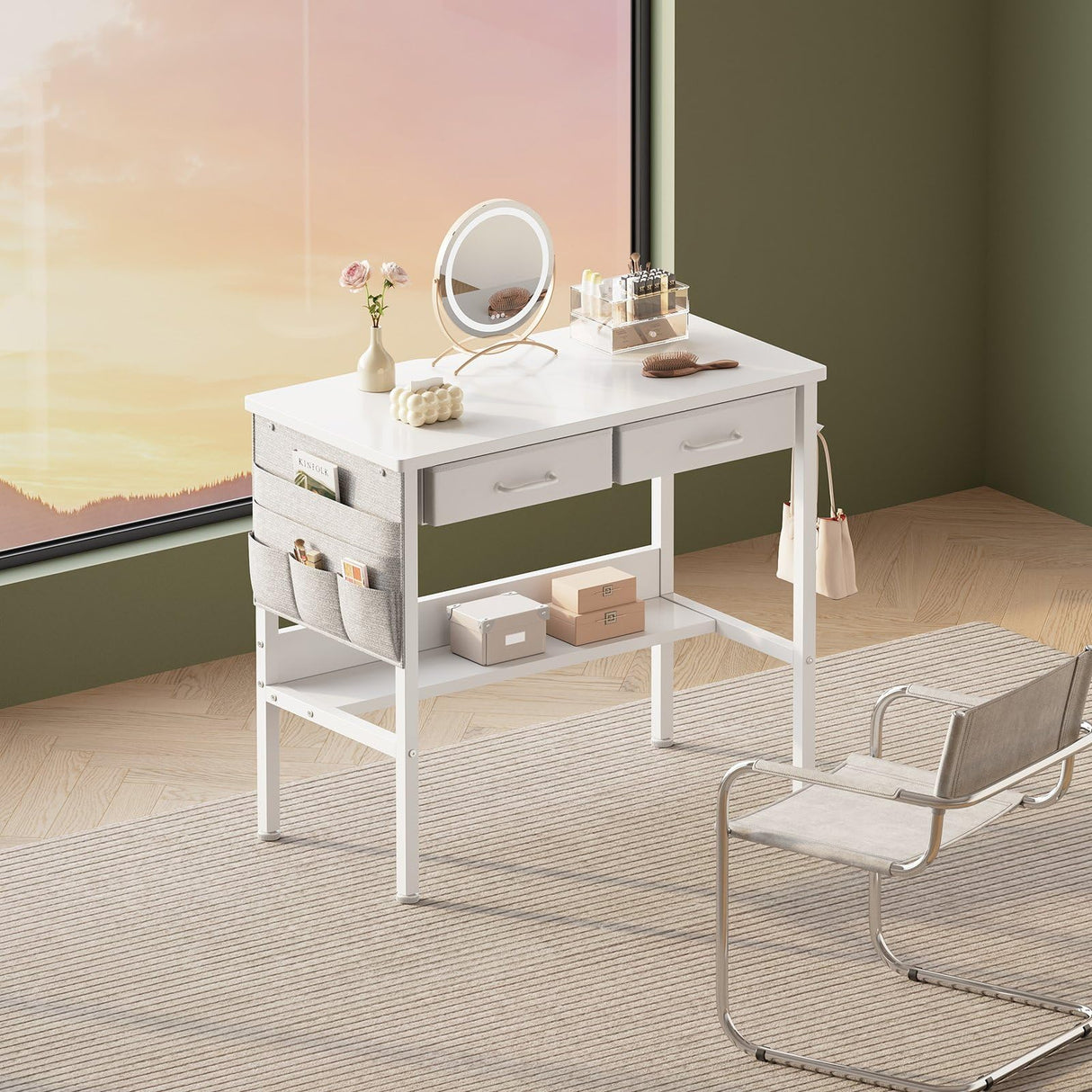 Maihail Small Vanity Desk no Mirror, Small Makeup Vanity, Compact Vanity with Storage, Vanity Desk with Drawers, Mini Vanity with Shelves, White Maihail