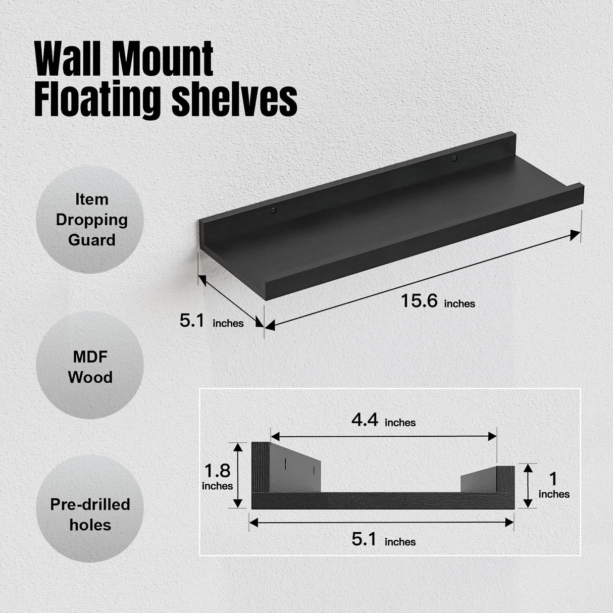 RICHER HOUSE 5 Set Floating Wall Mounted Shelves, Black Shelves for Wall Decor, Modern Picture Ledge Shelf with Lip for Storage, Nursery, Bedroom, Living Room, Bathroom - Black RICHER HOUSE