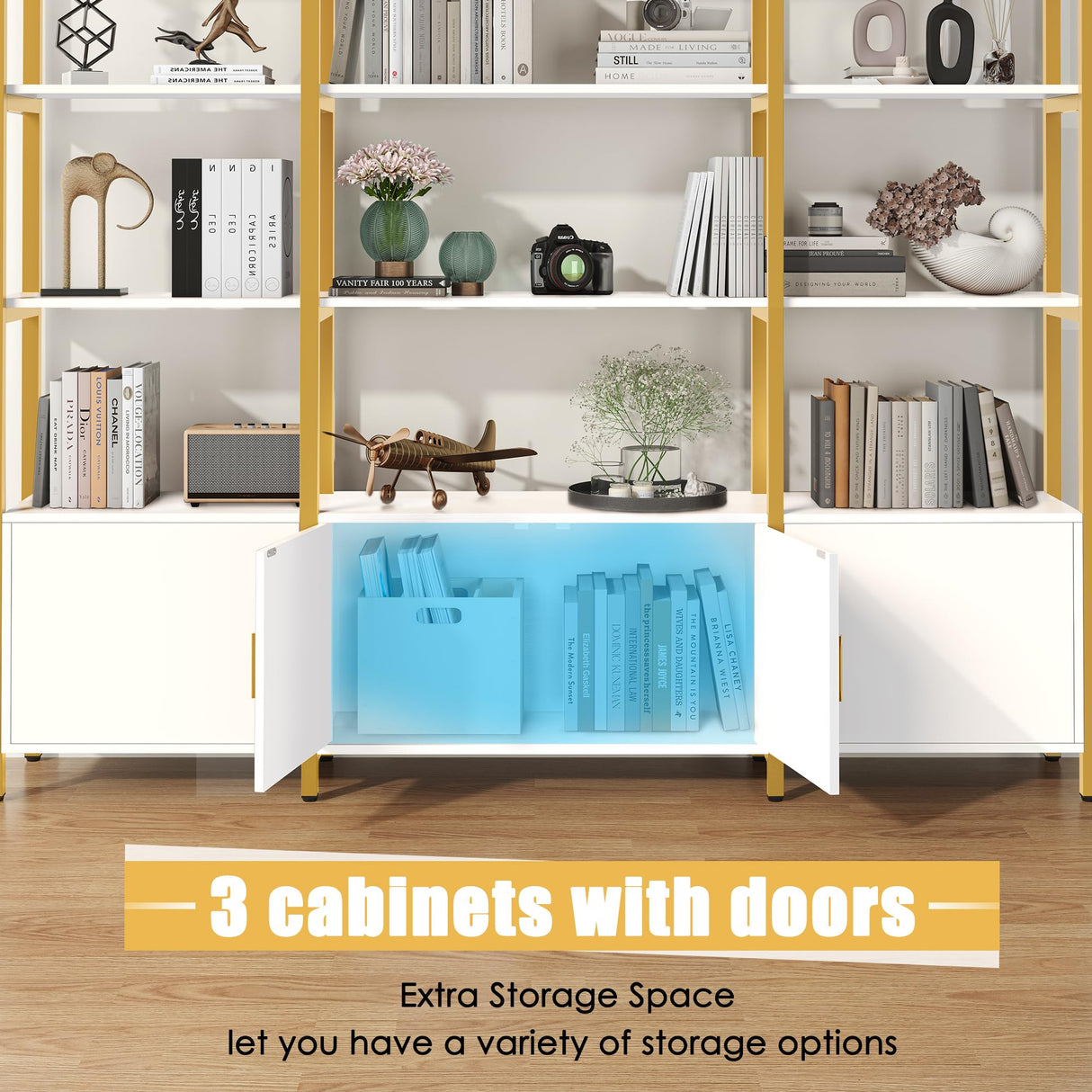 Nosepen 86" Gold Bookshelf, Triple Wide 5 Tier Arched Bookshelves & Bookcases with Storage, Large Modern Metal Book Shelf Stand for Bedroom/Living Room/Office Display Shelves, White & Gold Nosepen