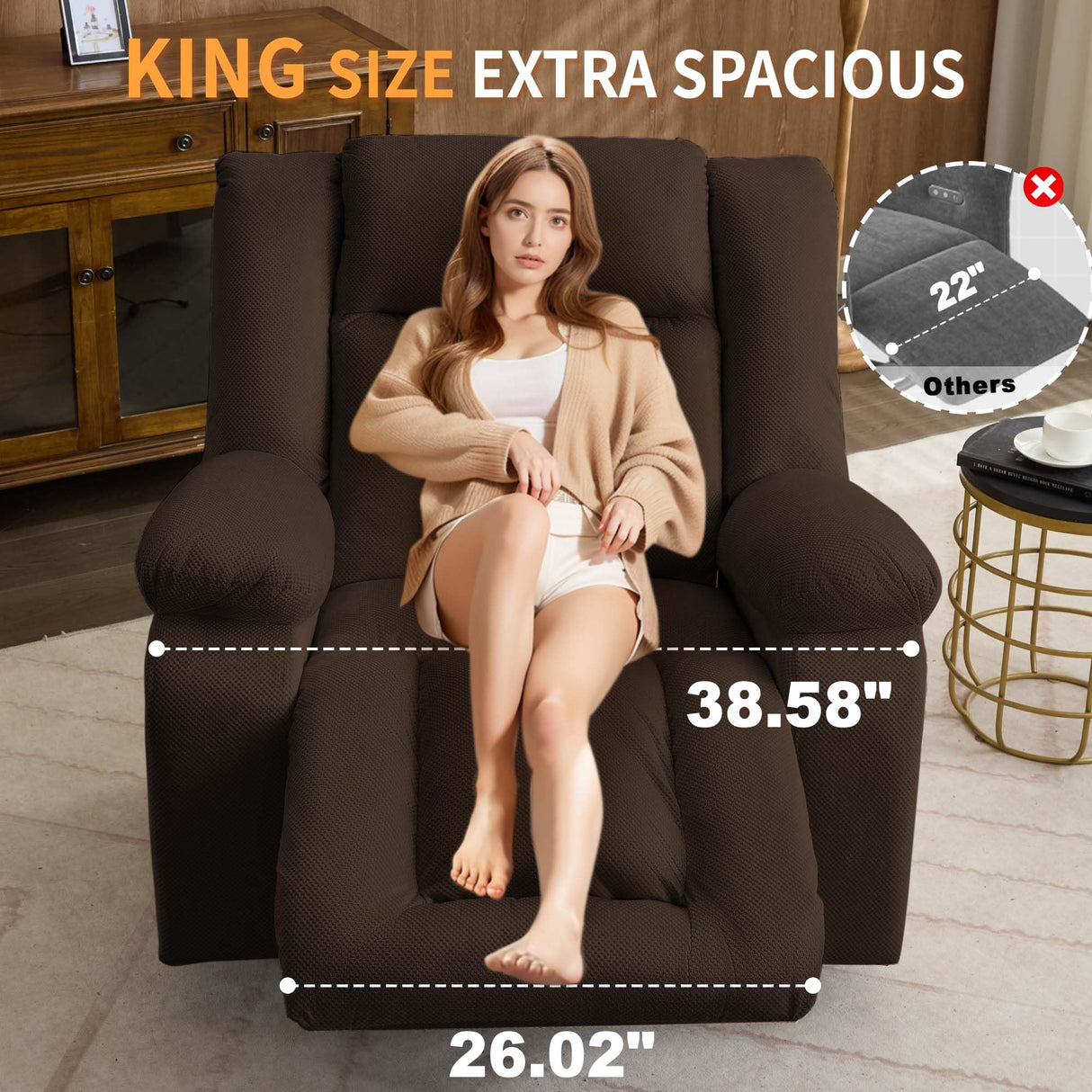 Korser Oversized Power Recliner Chair, Swivel Rocking Chair for Adults, Electric Glider Reclining with Massage and Heating, Waffle Fabric Rocker Recliner with Side Pockets for Living Room, Bedroom Korser