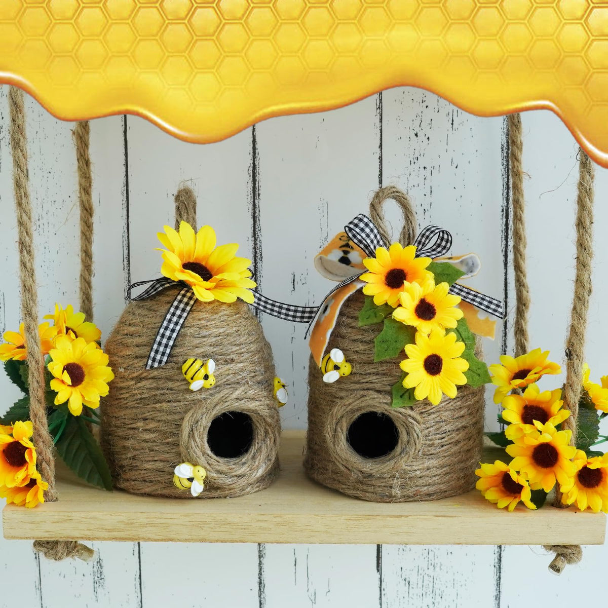 Bigger Bee Hive Decor,2 Pack Bumble Bee Rustic Decor Hive,Natural Bee House, Bumble Bee Theme Party Decor Spring Summer Rustic Farmhouse Kitchecn Table Decor, Honey Bee Tiered Tray Decor CRCZK