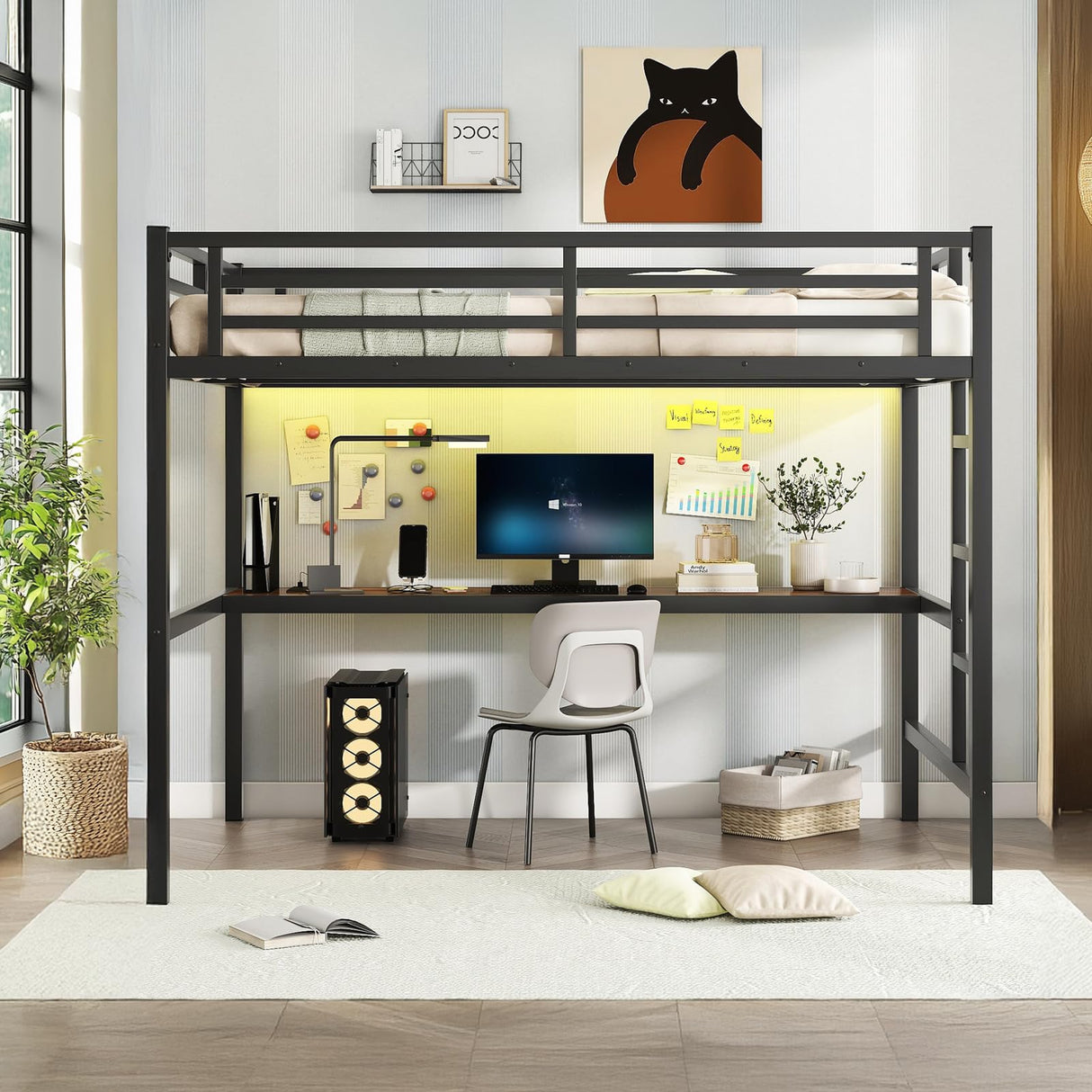 MAKIAAP Full Loft Bed with Desk, Metal High Loft Bed with LED Lights, Charging Station, Full Loft Bed Frames for Kids, Junior, Space Saving, Noise Free, Black (Black, Full) MAKIAAP