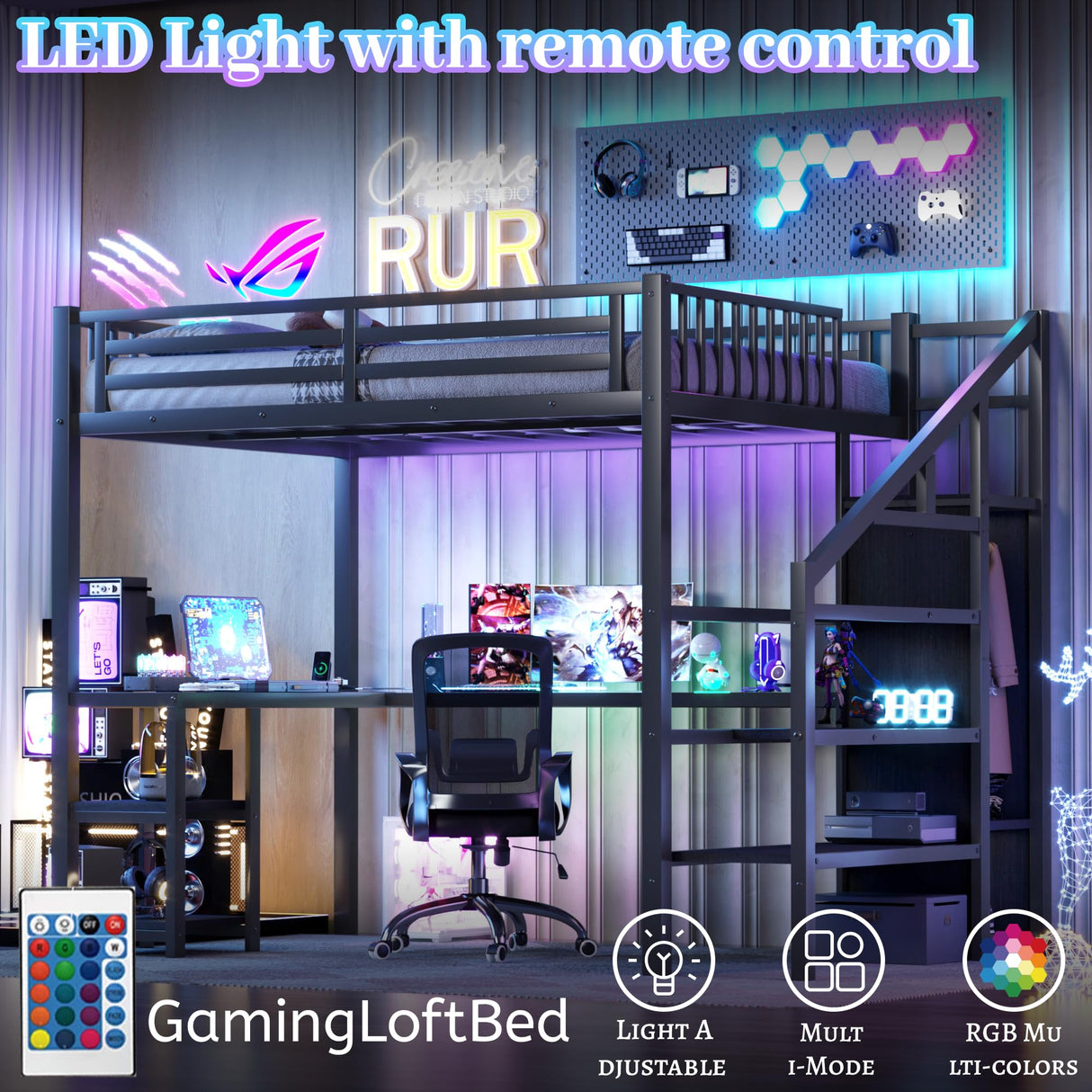 Full Size Loft Bed with Desk and Stairs, Gaming Loft Bed with RGB LED Light and Storage, Heavy-Duty Metal Lofts Beds Frame with Wardrobe, Shelves and Charging Station for Adults Kids Teens, Black Mirightone