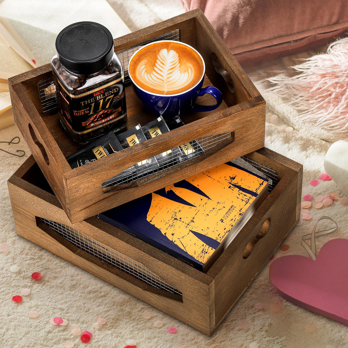 Okllen Set of 2 Wooden Nesting Countertop Baskets, Decorative Wood Storage Box Farmhouse Rustic Crate with Cutout Handles for Bread, Fruit, Vegetables, Kitchen, Bathroom, Pantry Supplies, Brown Okllen