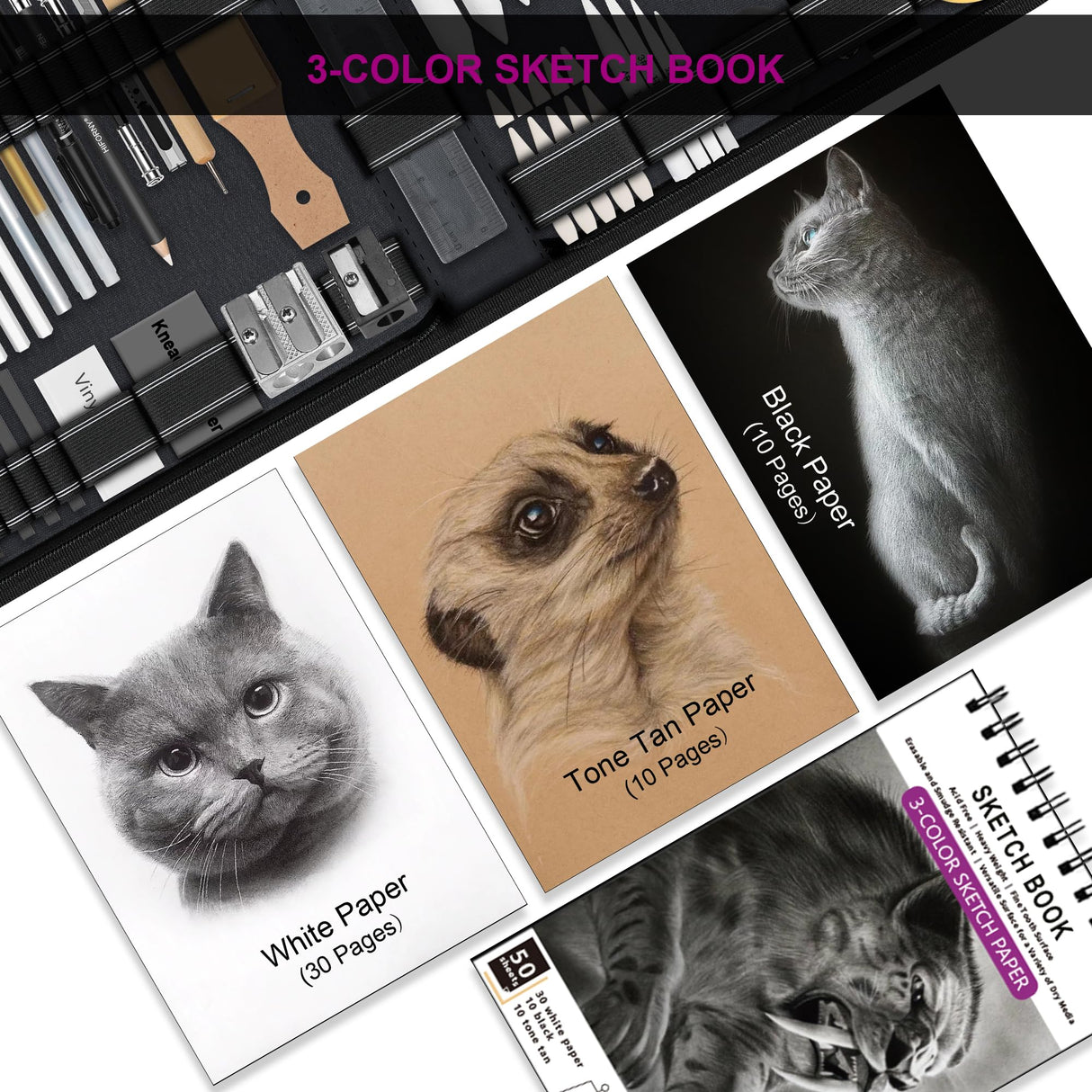 HIFORNY 126 PCS Drawing Kit Sketching Pencil Set,Sketch Pencils Art Supplies with 3-Color Sketchbook,Graphite,Charcoal,Blending Tools,Drawing Pencils for Adults Artists in Zipper Case HIFORNY