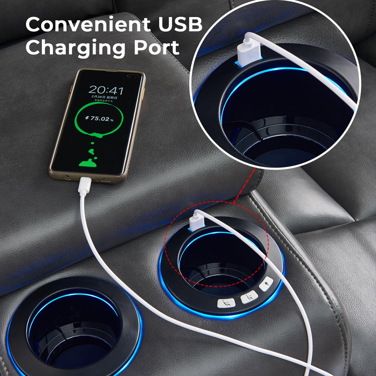 Power Recliner Sectional Sofa Couches with LED Lights for Living Room, Faux Leather Wall Hugger Reclining Corner Couch Sets with 2 Home Theater Seat, USB Charger, Cup Holder, Storage Console, Grey Comfort Stretch