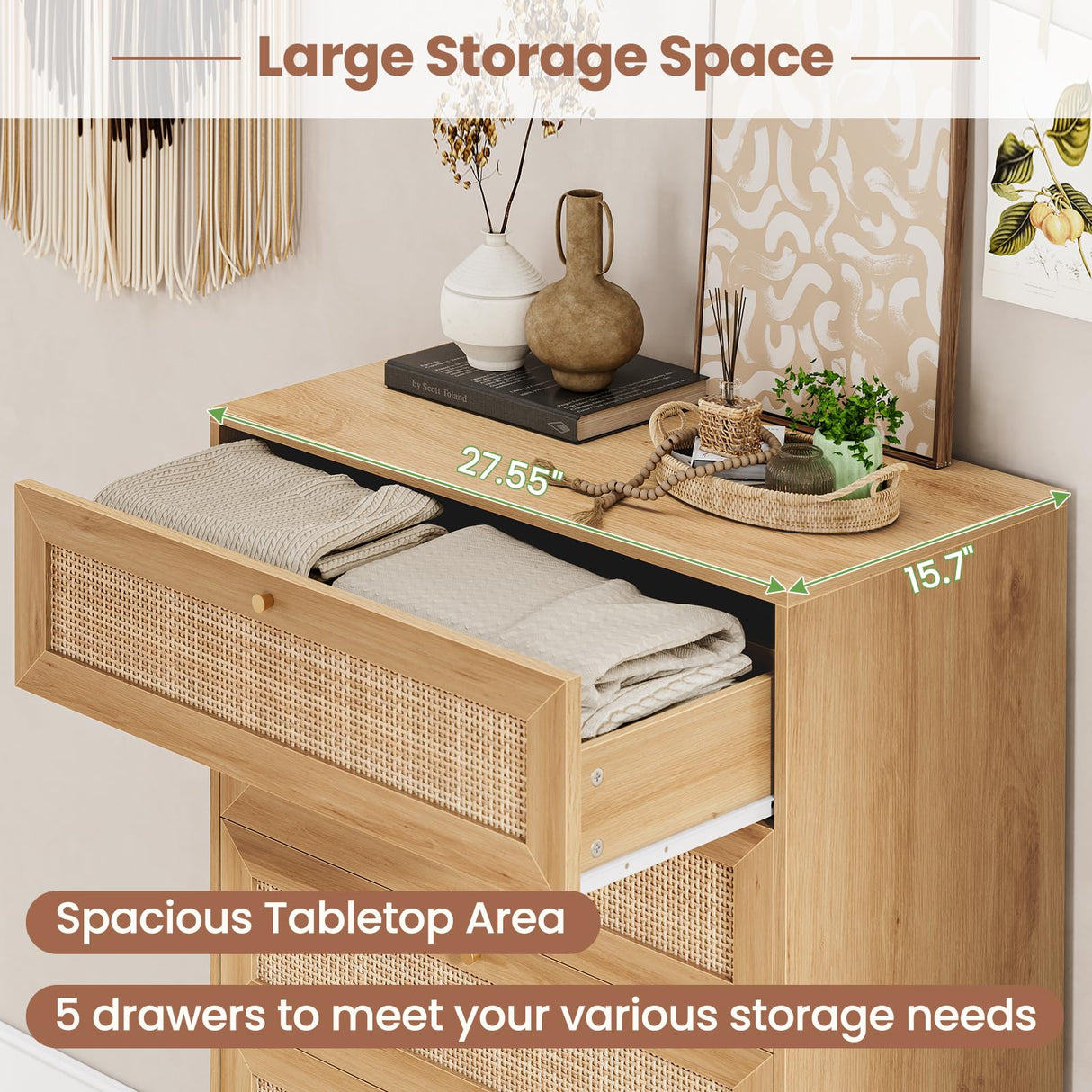 VIAGDO Rattan Dresser for Bedroom, 5 Drawer Dresser with Natural Rattan Drawers, Wooden Tall Dresser with Gold Handles, Modern Closet Dressers Chest of Drawers for Nursery Entryway Living Room VIAGDO