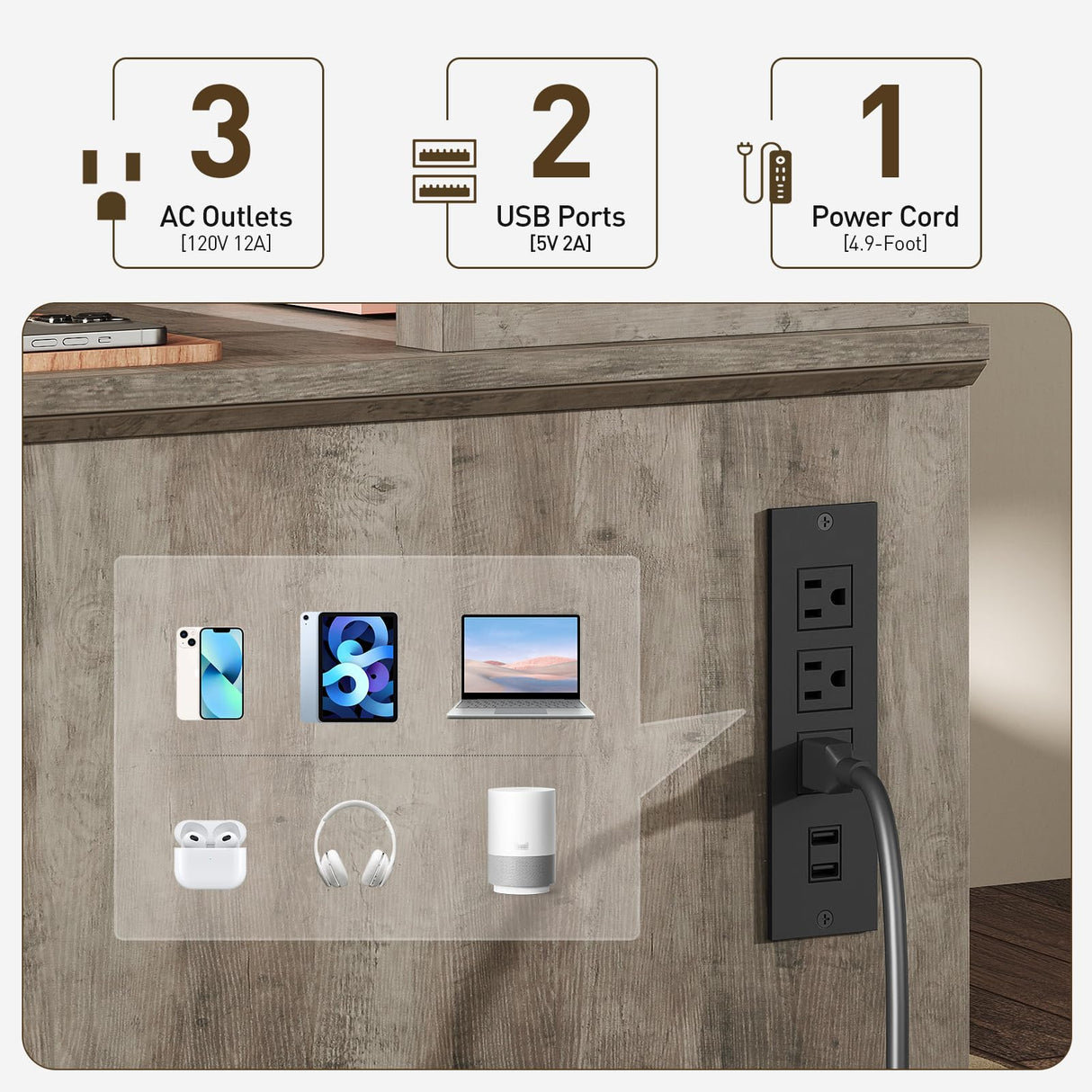 RALGEND 55'' Farmhouse Executive Desk with Drawers, Home Office Desk with File Cabinet and Storage Shelf, Charging Station, Computer Desk with Monitor Stand, Writing Gaming Desk, Greige RALGEND