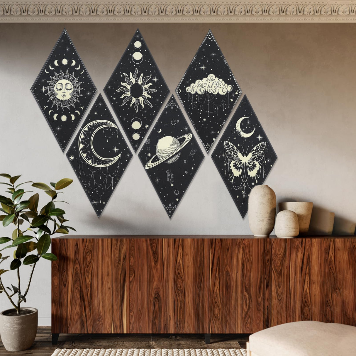Tutmyrea 6 Pack Art Acoustic Panels Soundproof Wall Panels with Self-Adhesive, 20x12inchs Sound Absorbing Panels Boho Wall Decor, Gothic Decorative Acoustical Wall Panels Moon Stars Sun Phases Tutmyrea