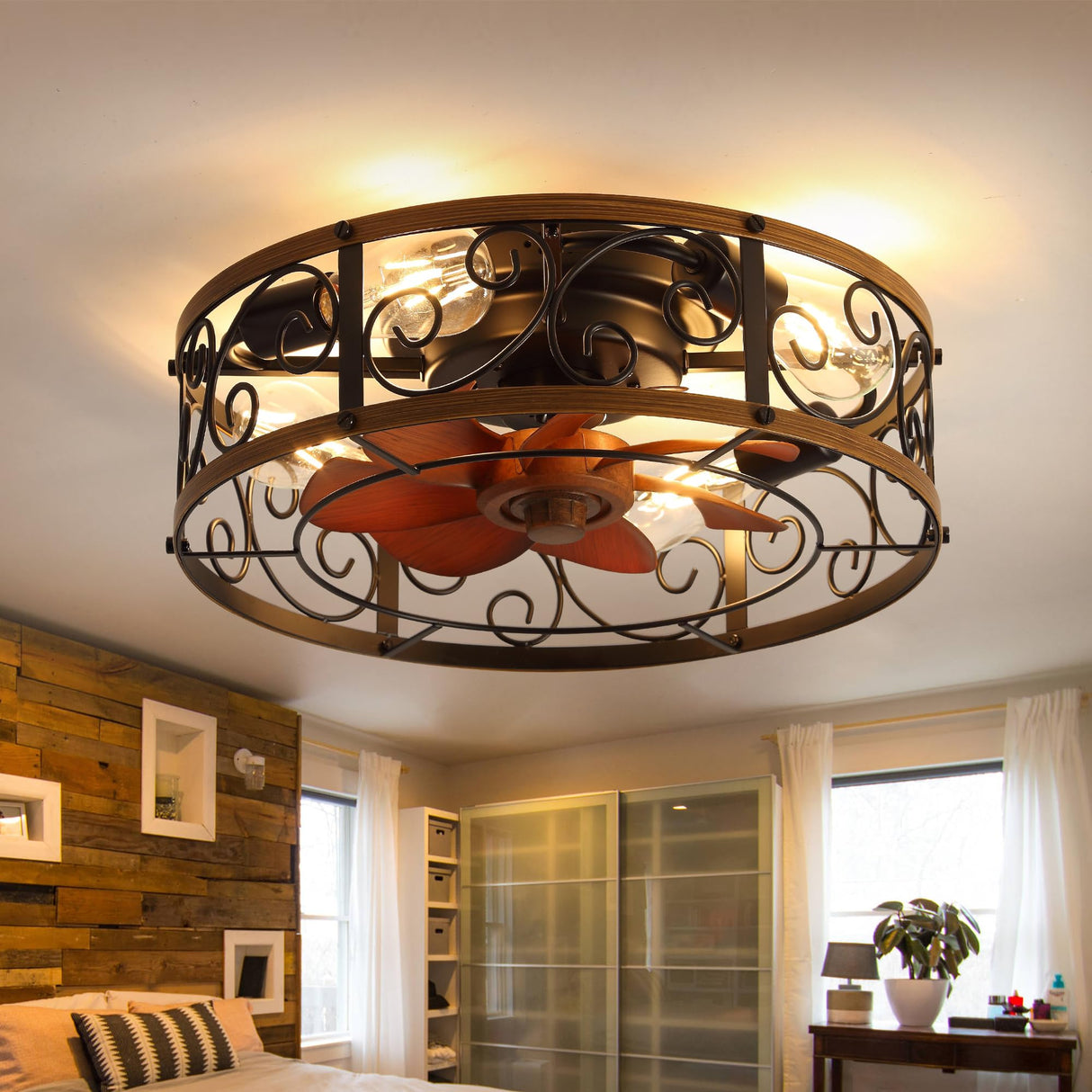 Curve Curio 18 Inch Farmhouse Caged Ceiling Fan with Light, Rustic Style Flush Mount Low Profile Ceiling Fan for Kitchen, Bedroom Curve Curio