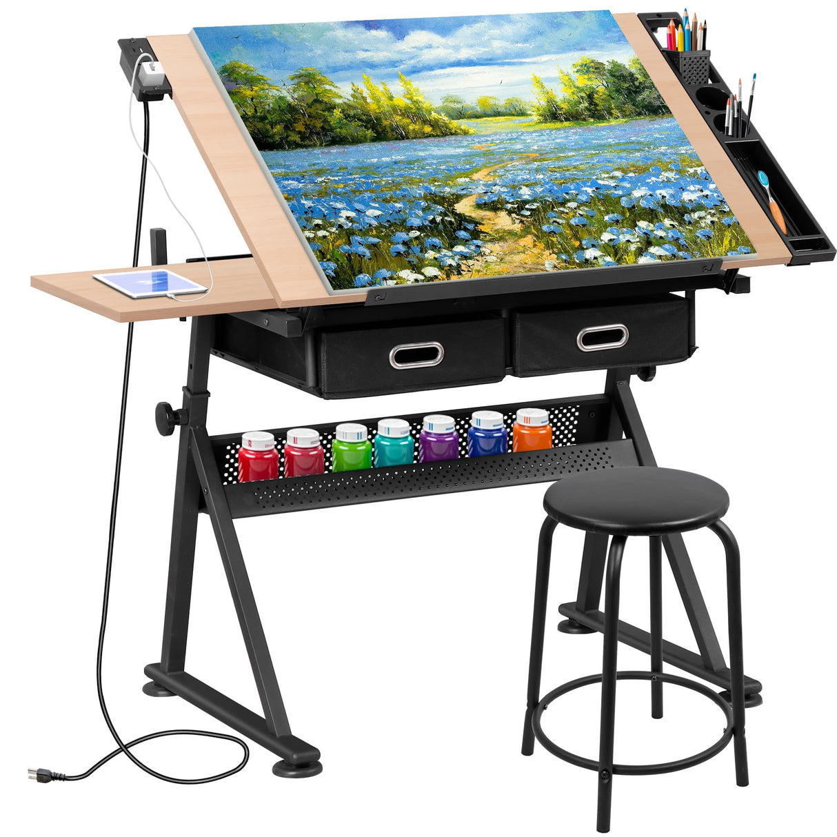 HomGarden Height Adjustable Drafting Desk Drawing Table Art Craft Work Station w/Stool, Power Outlet and Storage Drawers for Home Office Study Room, Natural HomGarden