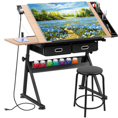 HomGarden Height Adjustable Drafting Desk Drawing Table Art Craft Work Station w/Stool, Power Outlet and Storage Drawers for Home Office Study Room, Natural