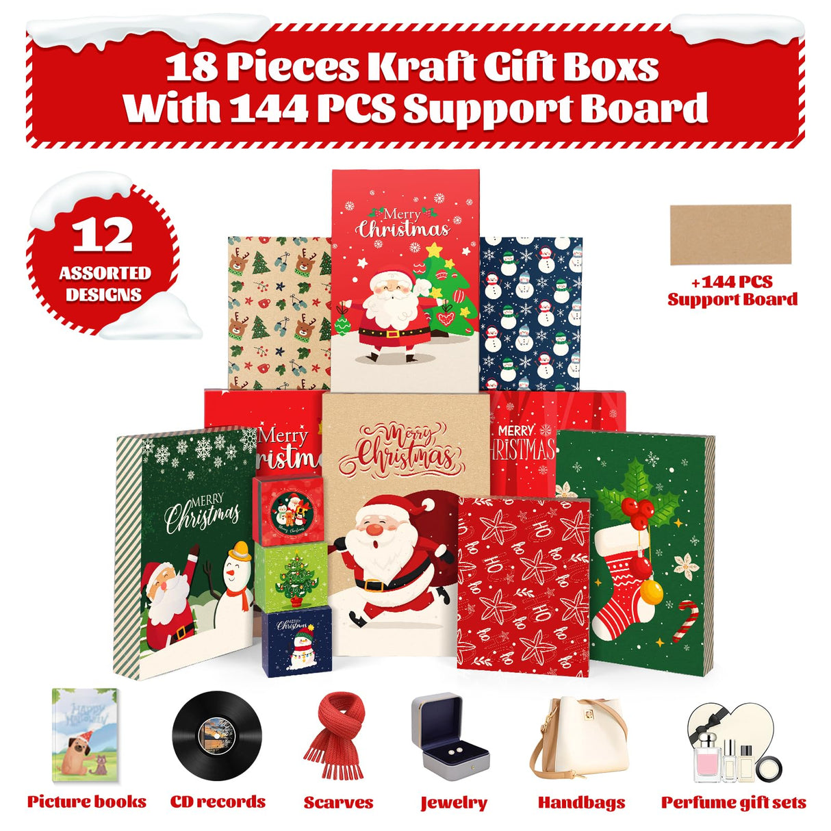 EverMerry 18 Piece Christmas Gift Boxes, with Lids for Presents Decorative Shirt Box for Xmas Holiday, Gift Wrapping with 12 Designs and 4 Sizes for Christmas Shirt, Sweaters EverMerry