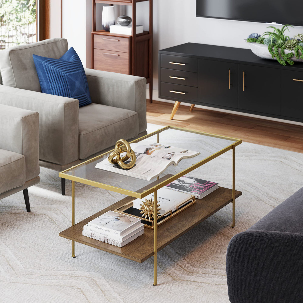 Nathan James Asher Mid-Century Rectangle Coffee Table Glass Top and Rustic Oak Storage Shelf with Sleek Brass Metal Legs, Gold Nathan James