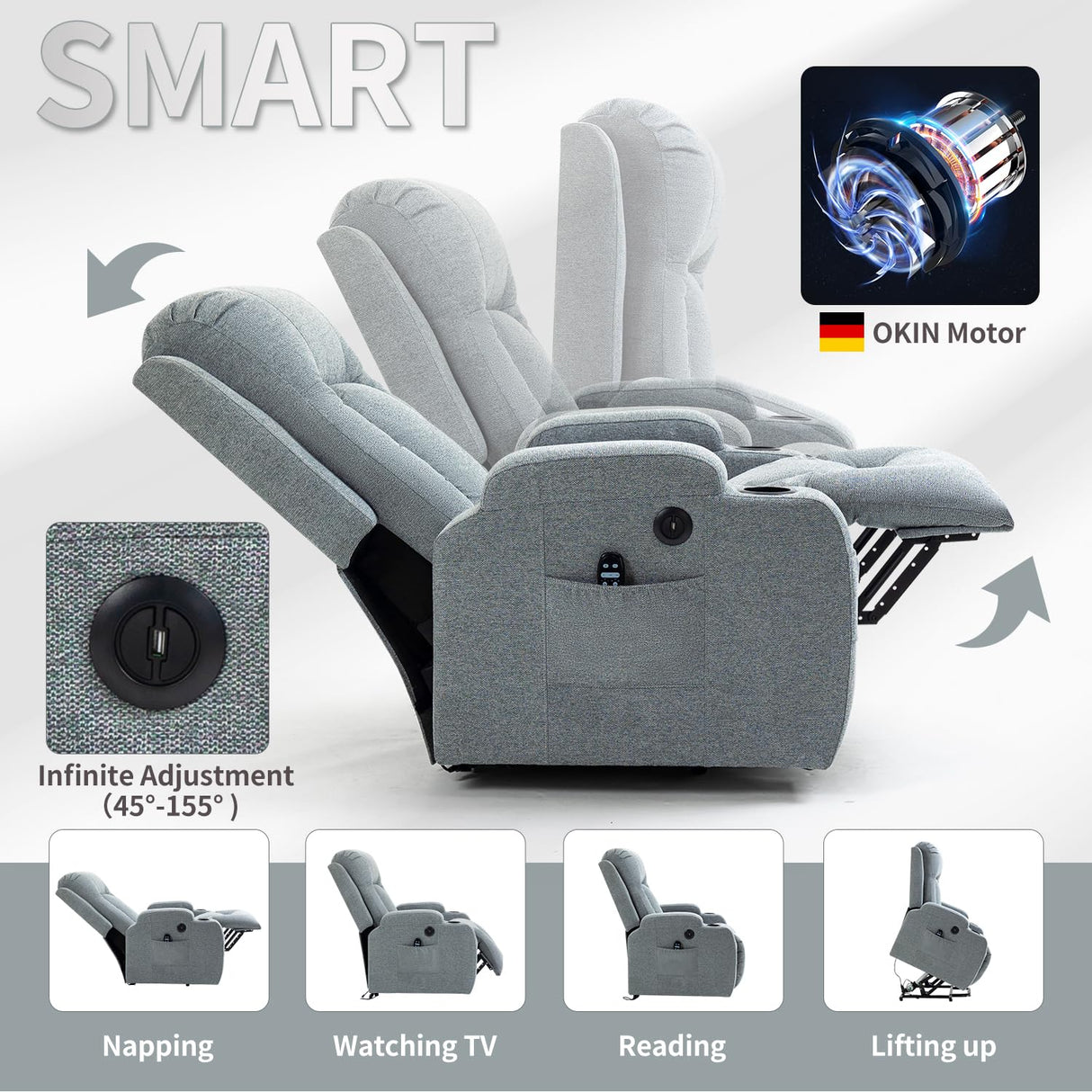 Trustyue 2024 Power Lift Recliner Chair with Heat and Massage for Elderly, Electric Recliner Chairs with Standing Assistance, 2 Cup Holders, 4 Pockets, USB Charge Port, Linen Fabric Teal Gray Trustyue