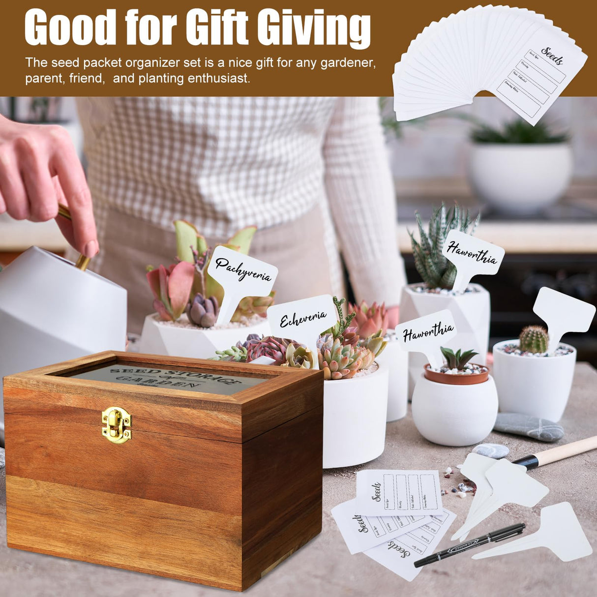 Skybooly Seed Storage Box with 3 Dividers Seed Organizer Box Seed Container with Clear Window Sturdy Garden Seed Packet Container with 100 Plant Labels 50 Seed Envelopes 2 Marker Pens for Seed Saver Skybooly