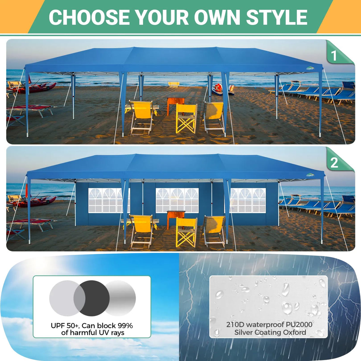 COBIZI 10x30 Canopy Party Tent with 5 Walls 10x30 Pop Up Tent for Parties Waterproof UPF 50+ Outdoor Commercial Event Tent for Party Backyard Gazebo Canopy with Sidewalls & Sandbags(10x30ft) COBIZI