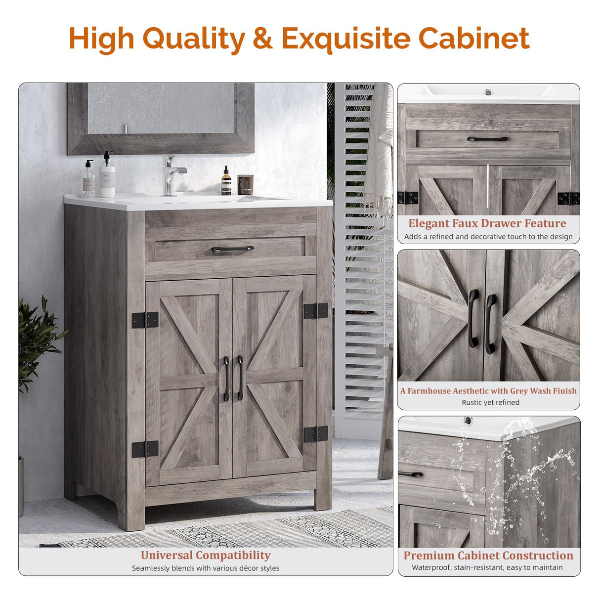 VINGLI 24" Farmhouse Bathroom Vanity with Sink, Undermount Vanity Sink Cabinet with Barn Door &Shelf,Free Standing Small Bathroom Storage Cabinet with Single Hole Ceramic Basin Combo Set,Washed Gray VINGLI