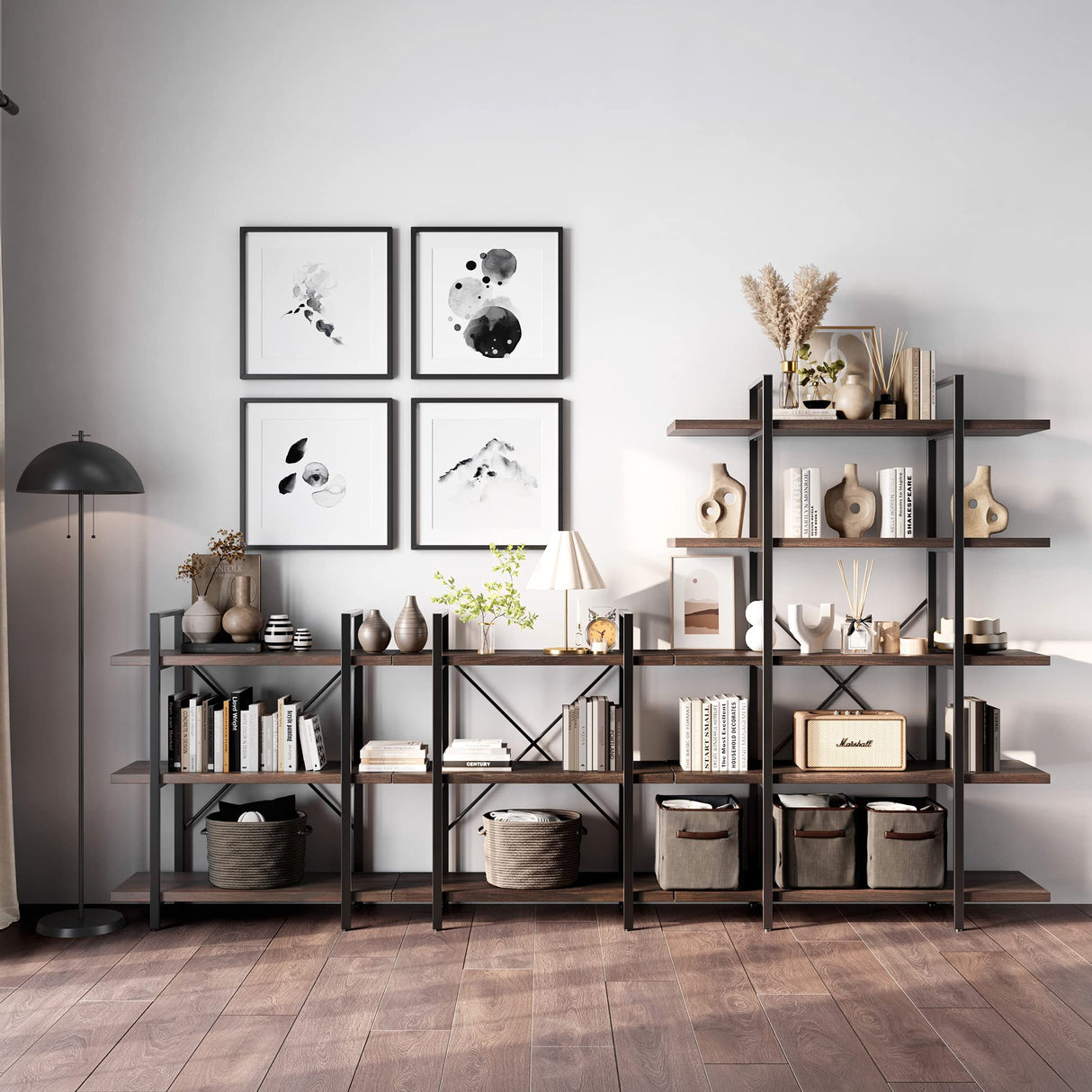 BELLEZE 70-Inch Dark Walnut 5-Tier Industrial Bookshelf with Metal Frame BELLEZE