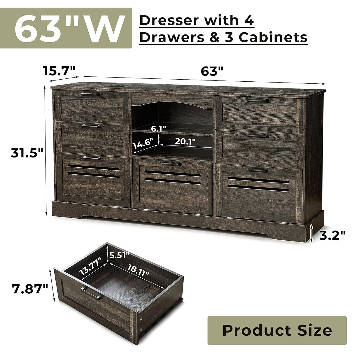 JanflyHome Wood Rustic Chest of Drawers, 63" Wide Vintage 7 Dresser with Outlet and Lights, Farmhouse Drawers Dresser with 4 Drawers & 3 Cabinets for Living Room, Dark Rustic Oak JanflyHome