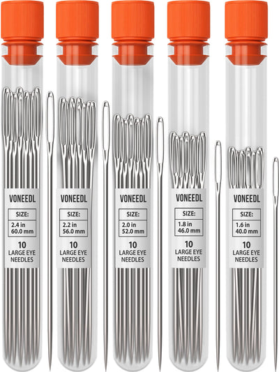 VONEEDL 50 PCS Large Eye Sturdy Hand Sewing Needles - Easy to Thread Embroidery Needles - Big Eye Cross Stitch, Quilting, Crewel, Darning, Crafting Needles