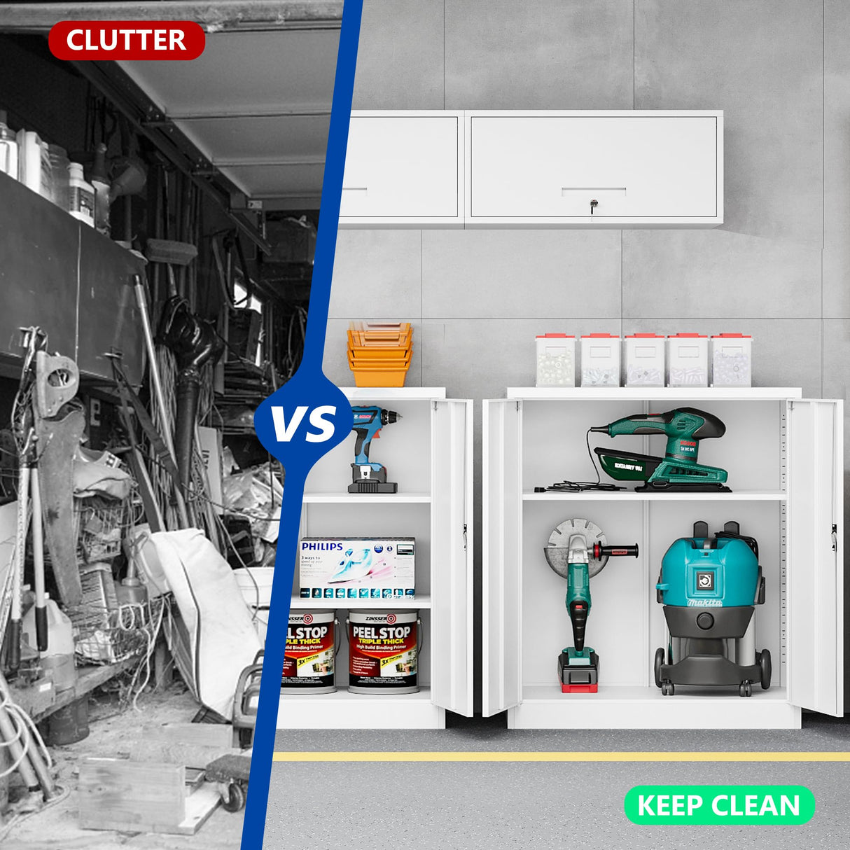 BYNSOE Metal Storage Cabinet Lockable Garage Storage File Cabinet with Doors Storage Cabinet with 2 Adjustable Shelves for Home Office Garage (White, 35 inch) BYNSOE