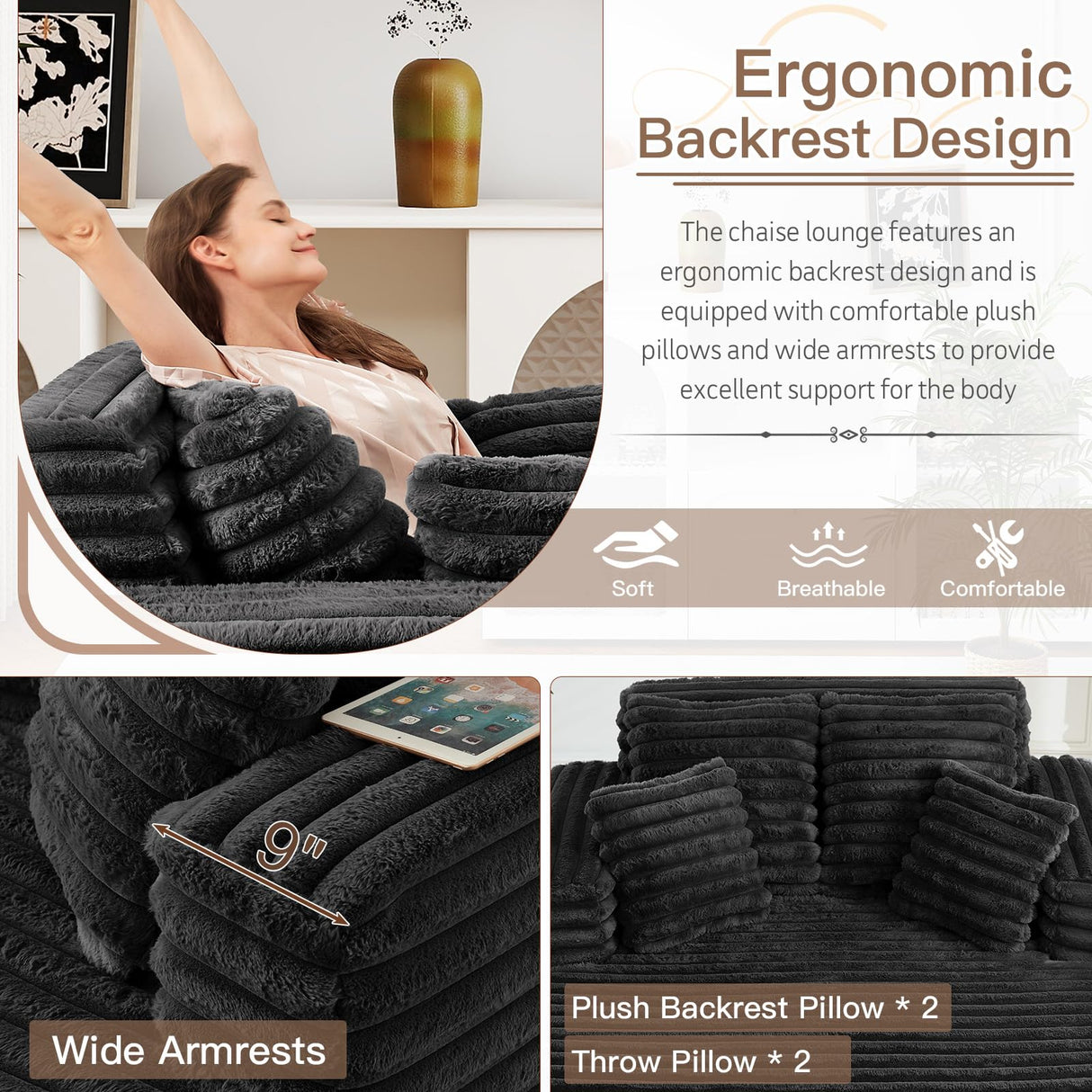 JEEOHEY 56"W Oversized Chaise Lounge Chair Indoor,Plush Faux Fur Sleeper Sofa Couch Bed with Pillows&Wide Armrest,Fluffy Comfy Cloud Sofa,Compression Foam Boneless Couch for Living Room,Bedroom(Black) JEEOHEY