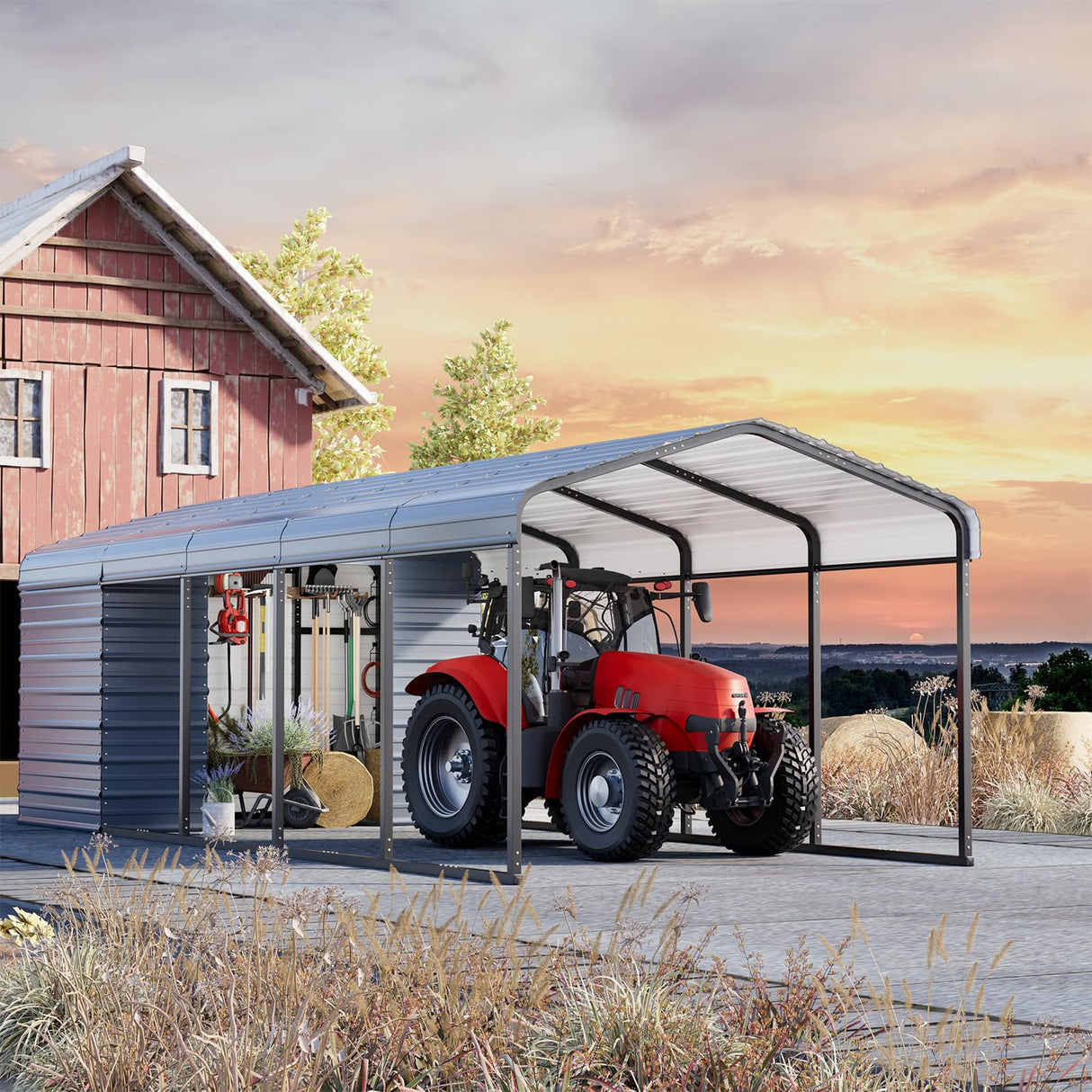 EROMMY 10x25 FT Carport Storage Shed 2-in-1, Heavy Duty Car Port with Galvanized Metal Frame, Base-Reinforced Enclosed Storage Shelter, Extended Coverage for Trucks, Cars & All Vehicles, Gray EROMMY