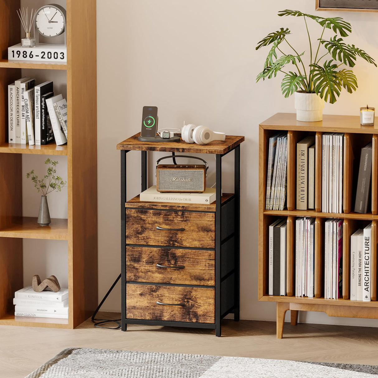 Fixwal Night Stand with 3 Fabric Drawers, Nightstand for Bedroom, Bedside Table with Charging Station End Table with Storage, Rustic Brown Fixwal