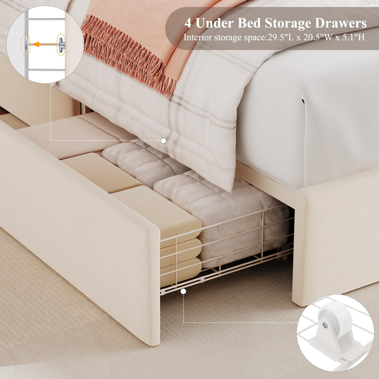 HOSTACK Queen LED Bed Frame with Storage Headboard and Charging Station, Kids Bed Frame with 4 Drawers and USB Ports, Velvet Upholstered Platform Bed Frame with Bookcase, No Box Spring Needed, Cream HOSTACK