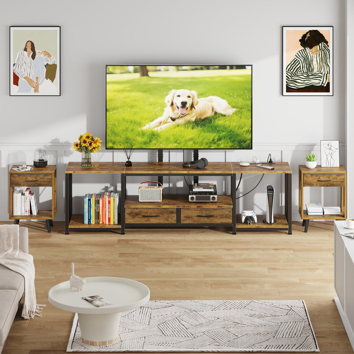 GYIIYUO LED TV Stand with Mount and Power Outlet & Fabric Drawers for 32-85 Inches TV - Entertainment Center and Corner Tv Stand for Living Room, Bedroom- 47" Rustic Brown (Max VESA 400mm × 600mm GYIIYUO