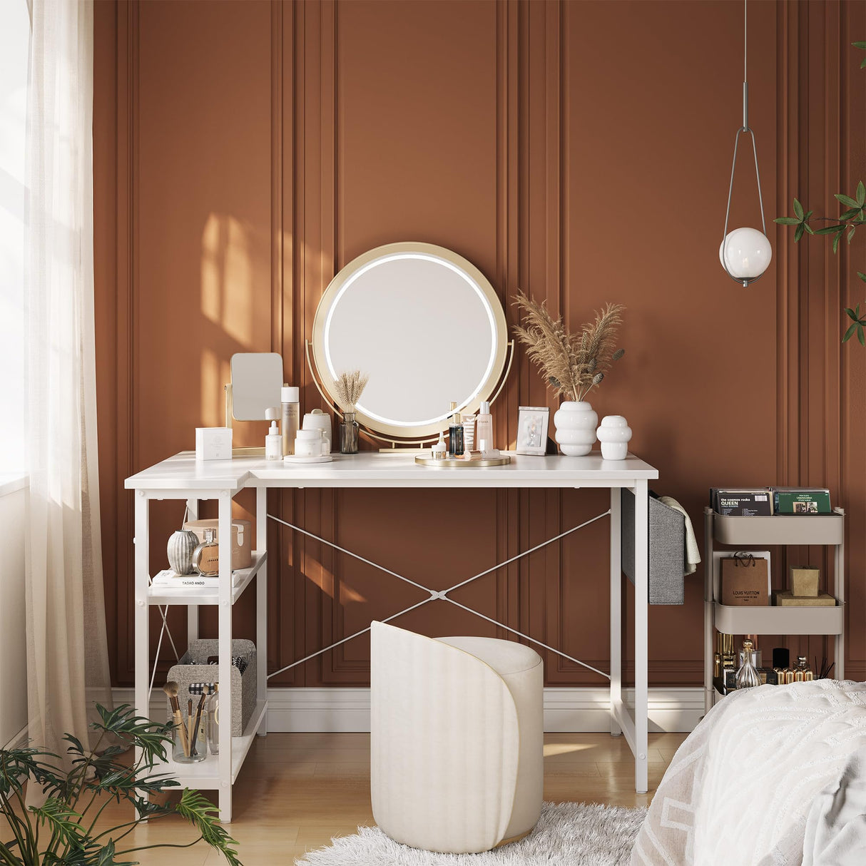 BANTI L Shaped Small Computer Desk with Storage Shelves, 40" Home Office Small Corner Desk Study Writing Table, White BANTI