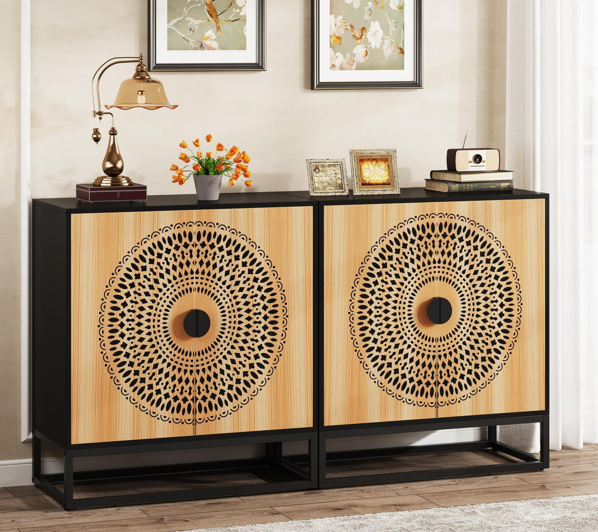 Tribesigns Sideboard Buffet Cabinet, 55 Inch Modern Kitchen Storage Cabinet with 4 Doors & Shelves, Credenzas Accent Console Cabinet for Living Room, Dining Room, Entryway, Black & Brown Tribesigns