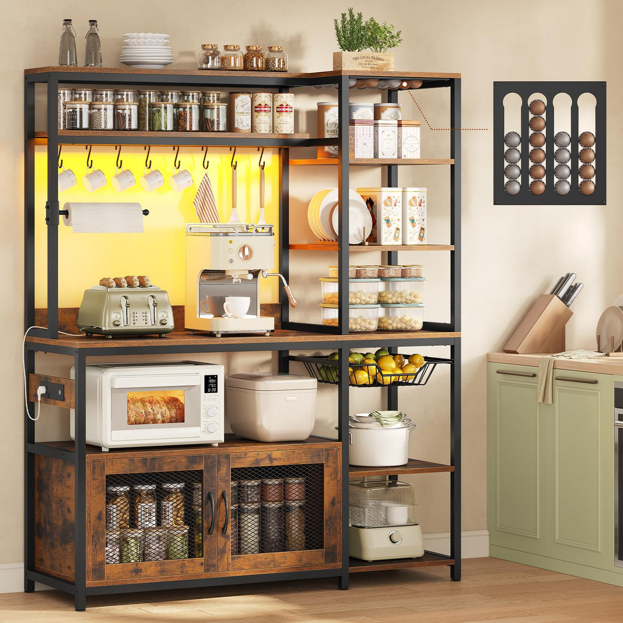47.2 in Bakers Rack with Power Outlet & LED Light, Coffee Bar with Coffee Pod Holder for Vetuo, Kitchen Microwave Stand with Storage Shelves, Paper Holder, Cabinet, Wire Basket, 8 Hooks (Rustic Brown) UPOSOJA
