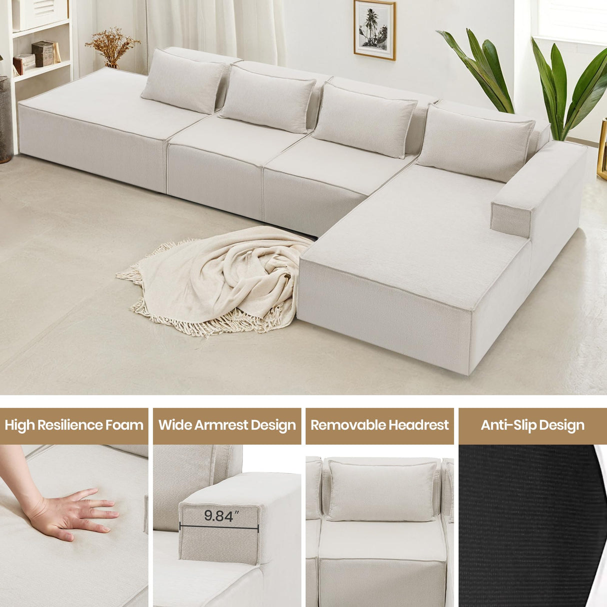 VIKAYAMICS 140" Modular Sectional Sofa, U-Shape Cloud Sectional Couch with Ottoman, Upholstered Chenille Boneless Couch Sofa Set for Living Room Bedroom No Assembly Required (Classic Beige) VIKAYAMICS