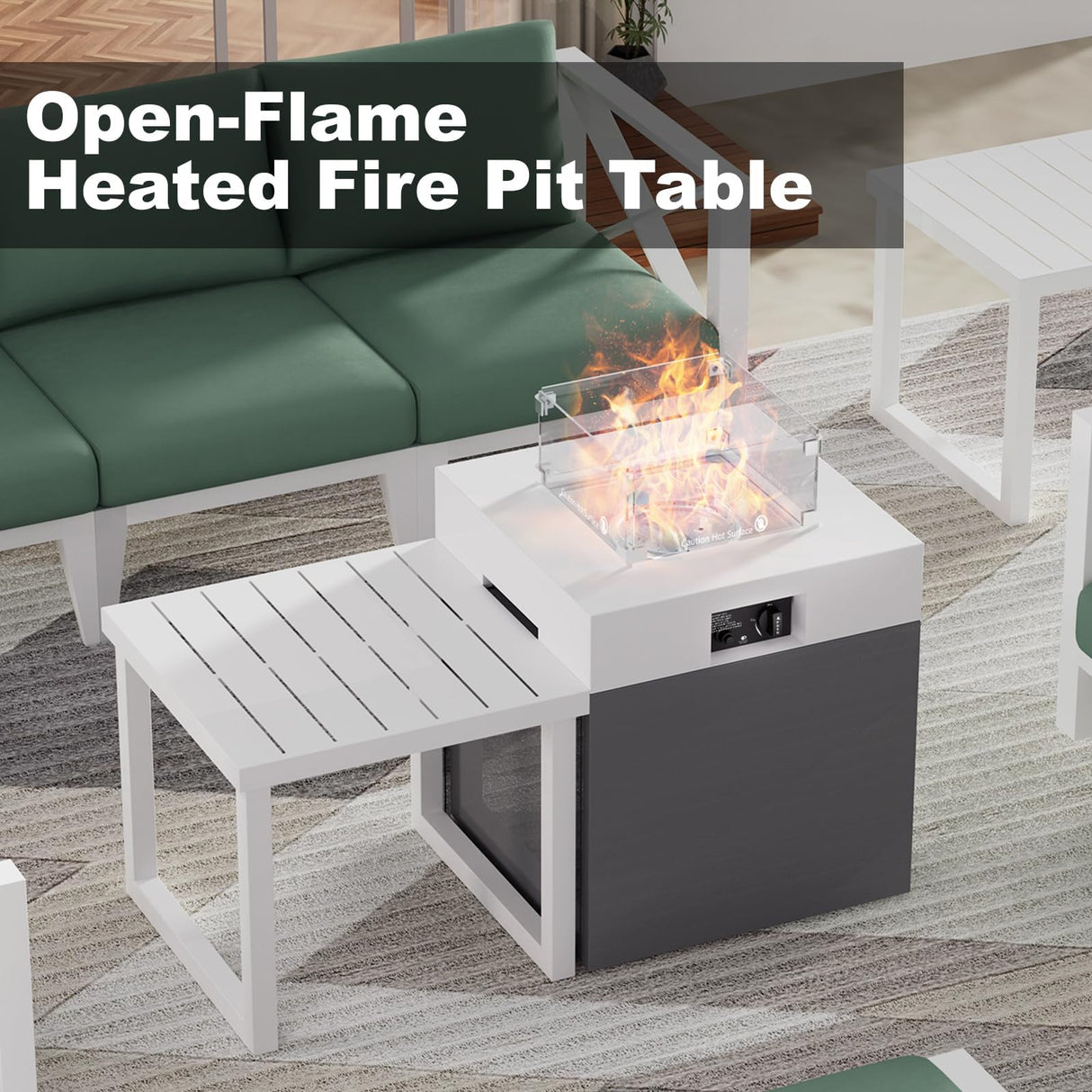 MAISON BACKYARDS MBY Aluminum Patio Sectional Set with Fire Pit Table – 4-Seat Outdoor Conversation Sofa Set with Corner Seat & 37,000 BTU Gas Firepit, Glass Wind Guard, Weather-Resistant – White MAISON BACKYARDS