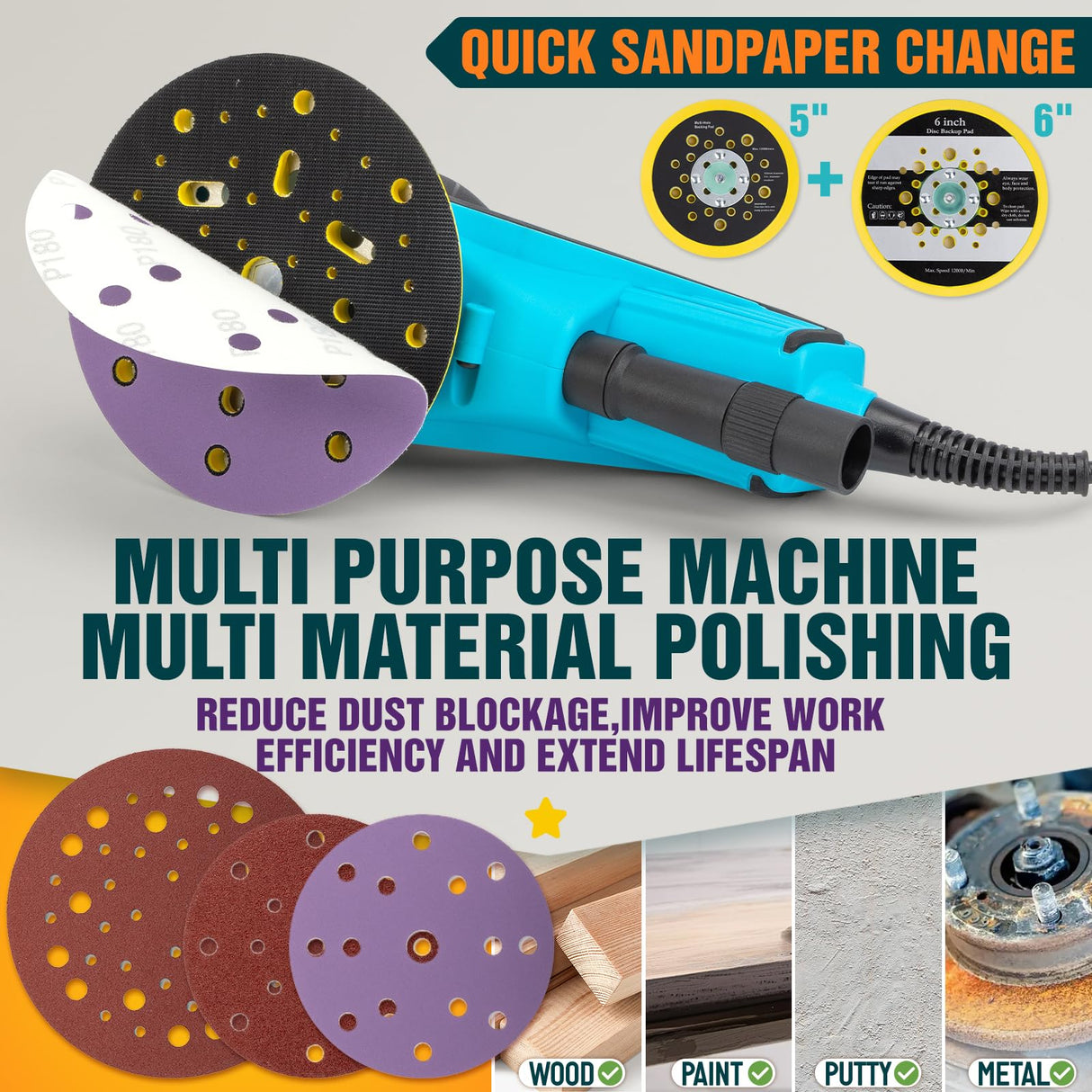 Autolock Electric Random Orbital Sander, 350W brushless motor with 5&6-inch pads, 4000-10000RPM Electric Palm Sander for Woodworking, Sanding and Polishing (Blue) Autolock