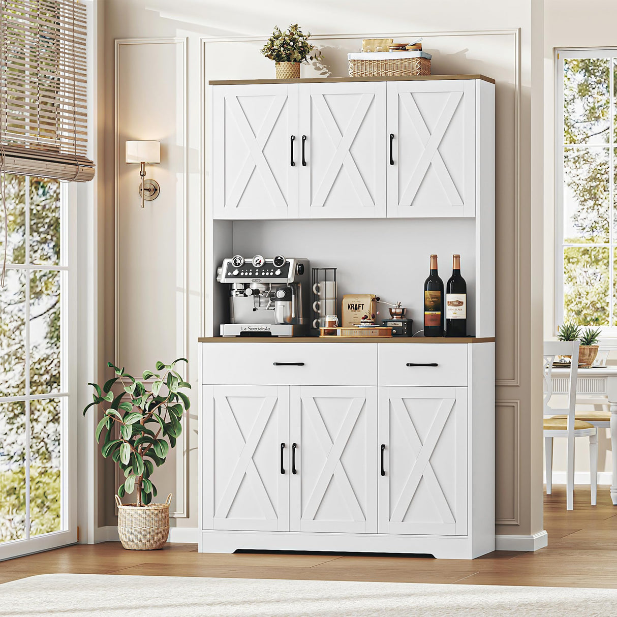 HOSTACK 71" Pantry Cabinet with Charging Station, Tall Kitchen Pantry Storage Cabinet with Microwave Stand, Farmhouse Kitchen Hutch Cabinet with Storage Drawers for Living Room, Dining Room, White HOSTACK