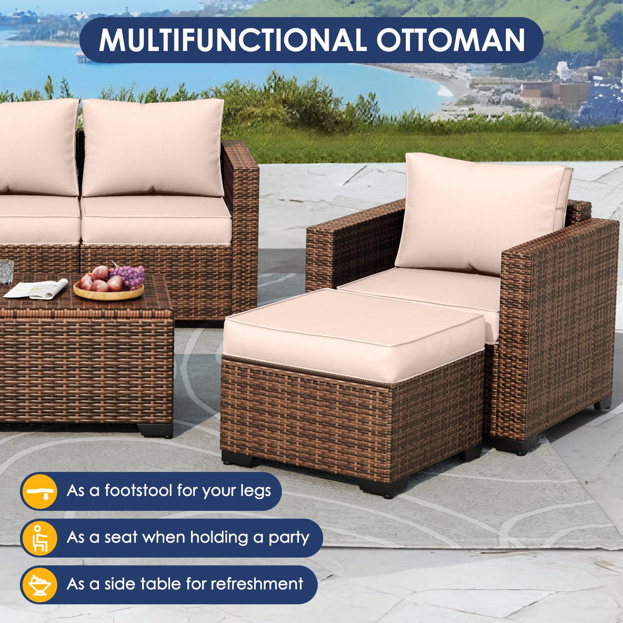 Amopatio Outdoor Patio Furniture Sets, 10 Pieces Wicker Patio Furniture, Outdoor Sectional Patio Couch Set with Ottoman, Patio Conversation Set with 44" Gas Fire Pit (Khaki) Amopatio