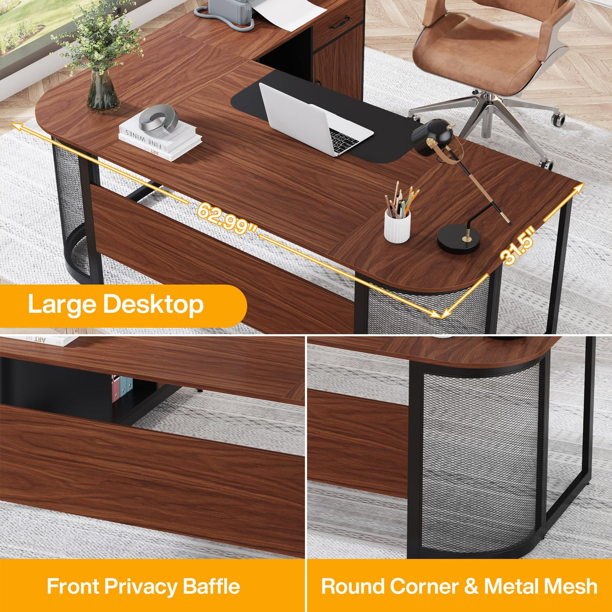 Tribesigns 63" Executive Desk with 31" File Cabinet, L-Shaped Office Desk with Drawer and Storage Shelves, Large Computer Desk Workstation Business Furniture Set for Home Office Tribesigns