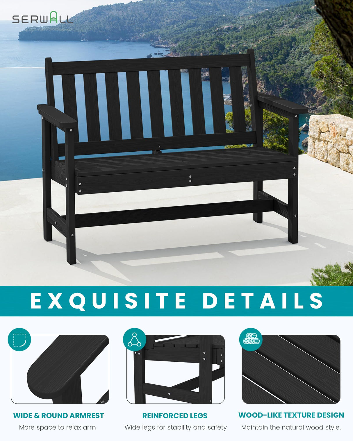 SERWALL Outdoor Bench, HDPE Outdoor Benches Weatherproof, 2-Person Garden Bench with 660 lbs Weight Capacity, Patio Benches for Outdoors, Garden, Porch, Backyard and Park, Black SERWALL