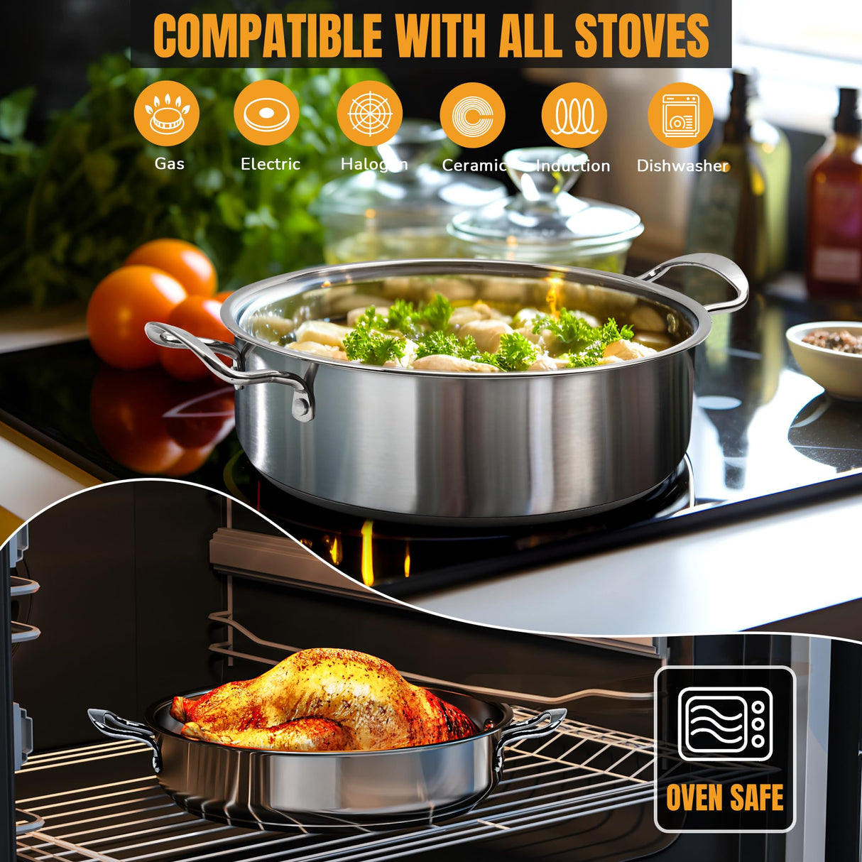 Aufranc Stainless Steel pots and pans set, 6 Piece Nonstick Kitchen Induction Cookware Set,Works with Induction/Electric and Gas Cooktops, Nonstick, Dishwasher Aufranc