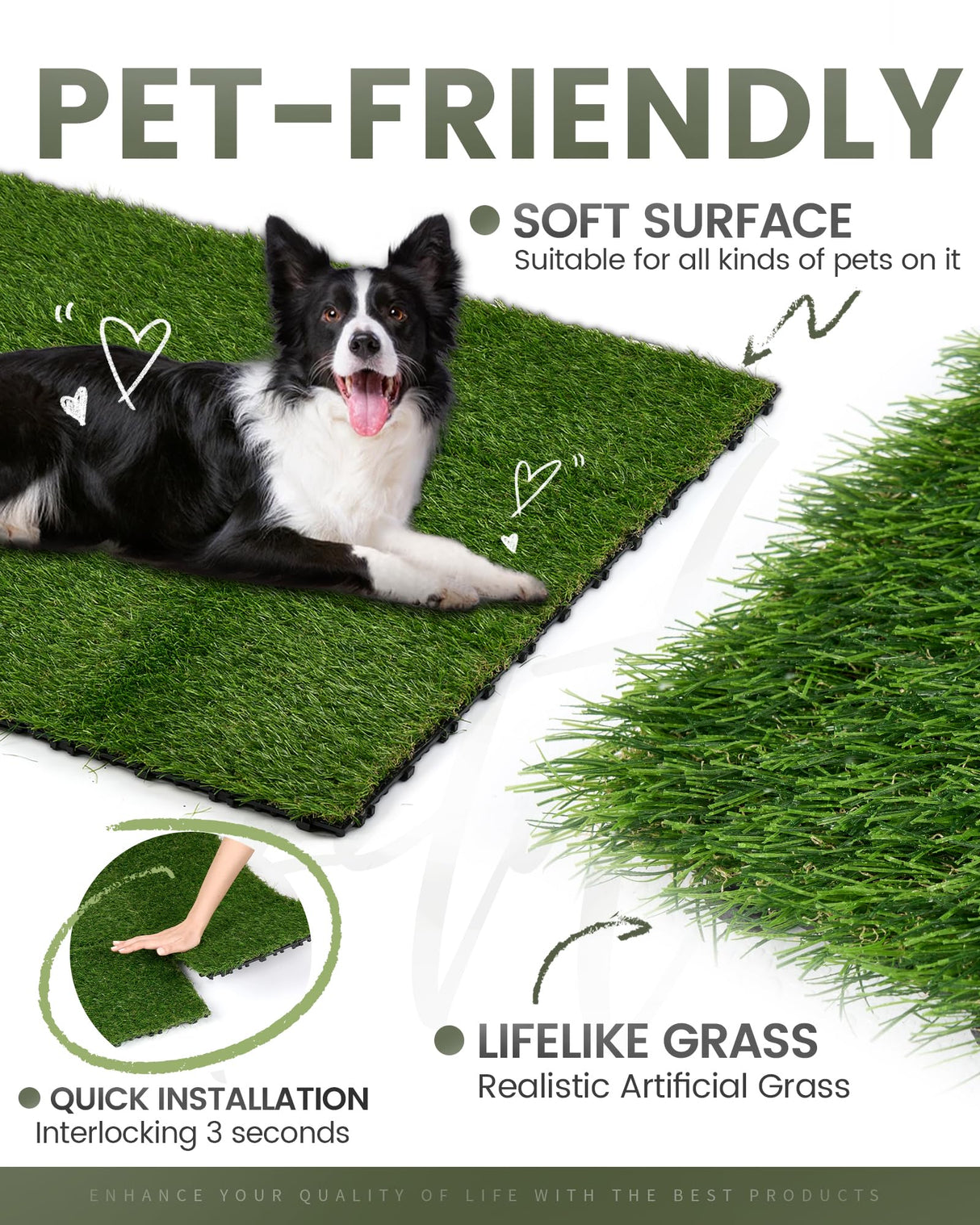 Keloteven Artificial Grass Tiles - 12" x 12" Interlocking Turf Deck - Pack of 9 Grass Deck Tiles for Outdoor Porch Balcony Backyard - Fake Grass Tiles DT-GRS-9P Keloteven