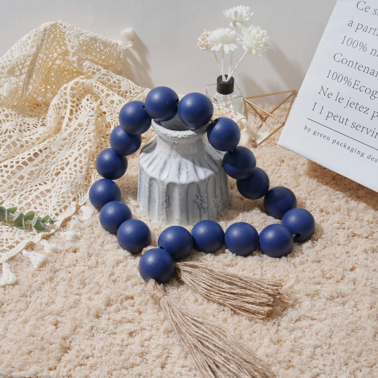 OMISHE Large Wood Bead Garland Navy Blue with 1.6" Diameter Wooden Beads and Tassels, Decorative Beads Decorations, 41" Long Rustic Farmhouse Country Wood Beads Garland for Home Wooden Decor Navy Blue OMISHE