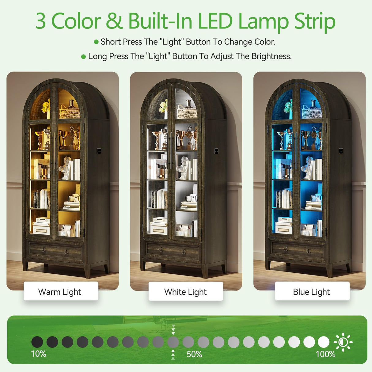 HNEBC Book Shelf with LED Lights, Arched Display Case with Storage Cabinet, Smart File Cabinet with Glass Door, Curio Cabinet with Solid Wood Legs for Home Office/Bedroom Furnniture-Brown HNEBC