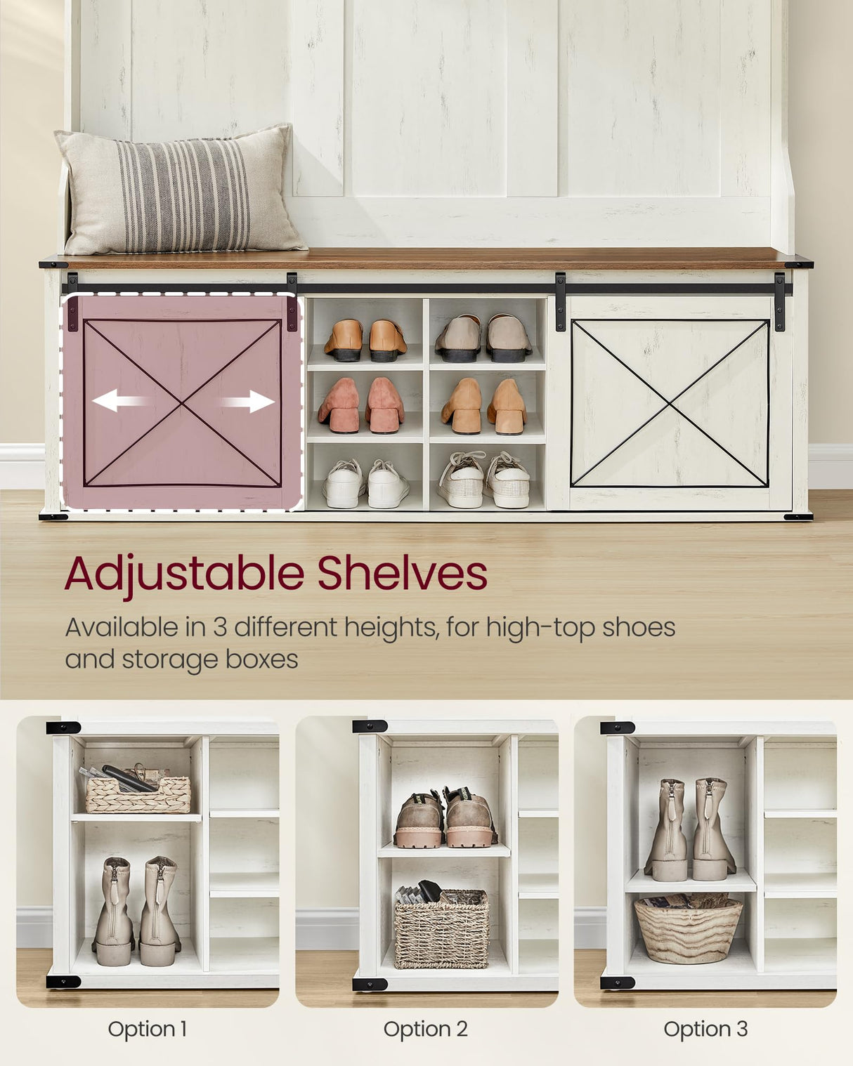 VASAGLE Hall Tree with Bench and Shoe Storage, Coat Rack with Shoe Bench, Entryway Furniture, 6 Tri-Hooks, Sliding Door, Farmhouse Style, Space Saving, Rustic White and Honey Brown UHSR443W01 VASAGLE