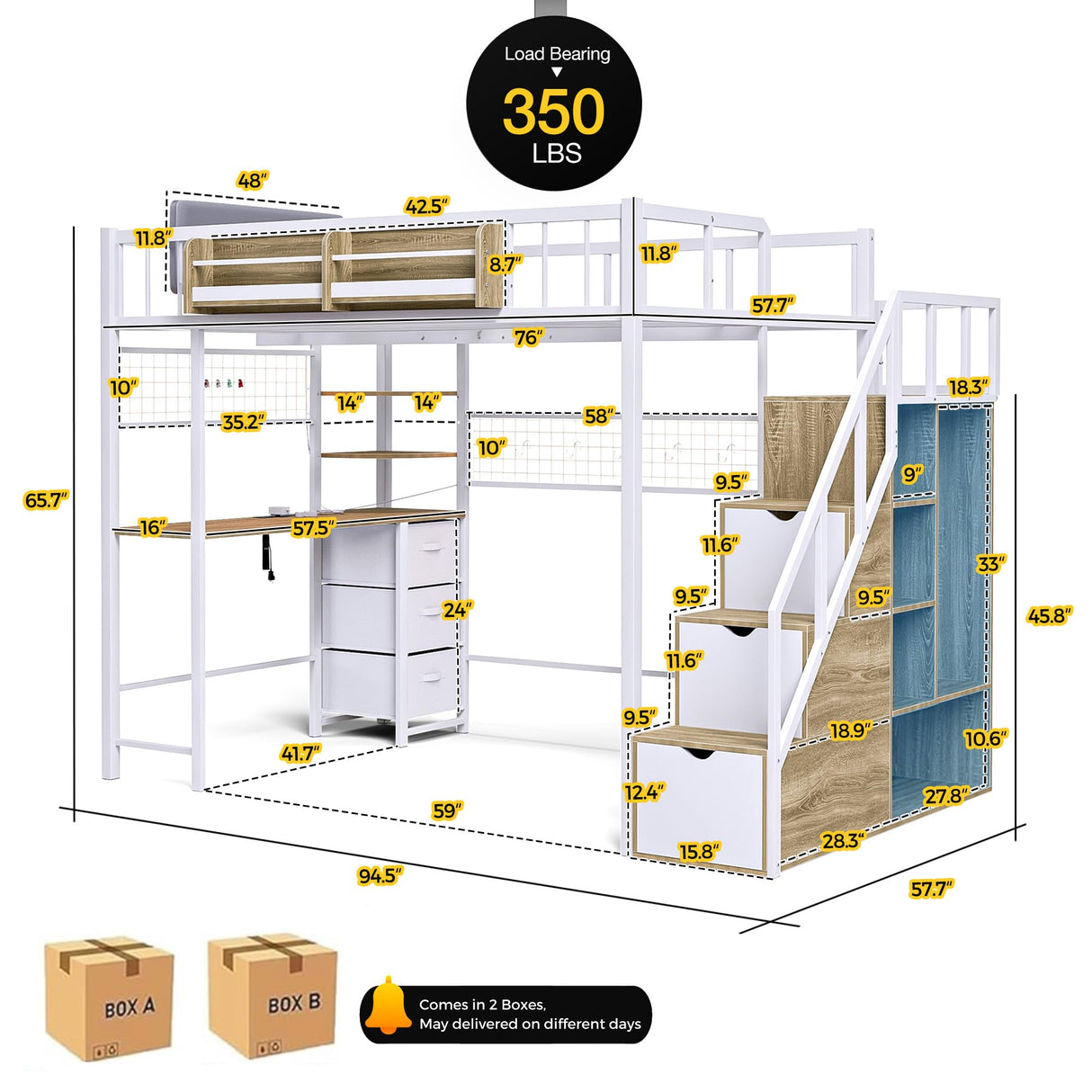 advwin Full Size Loft Bed with Desk and Stairs, Storage Drawers and Shelves, Charging Station, LED Light, Safety Guardrail & Ladders, Metal Loft Bed Frame Gaming Bed for Adult, Space-Saving, White advwin