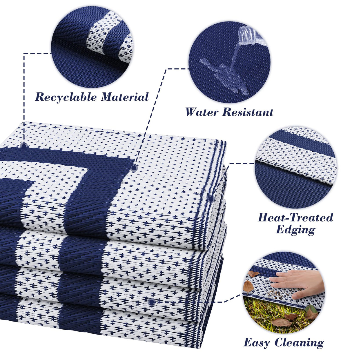 KMAT Outdoor Rug, Waterproof Reversible Patio Rugs, 5x8ft Large Outdoor Area Rug Foldable Plastic Camping Rugs for Outside RV, Patio,Picnic,Camper,Balcony,Porch (Blue &White) KMAT