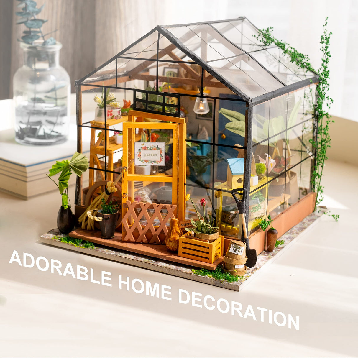 ROBOTIME DIY Dollhouse Wooden Miniature Furniture Kit Mini Green House with LED Best Birthday Gifts ROBOTIME